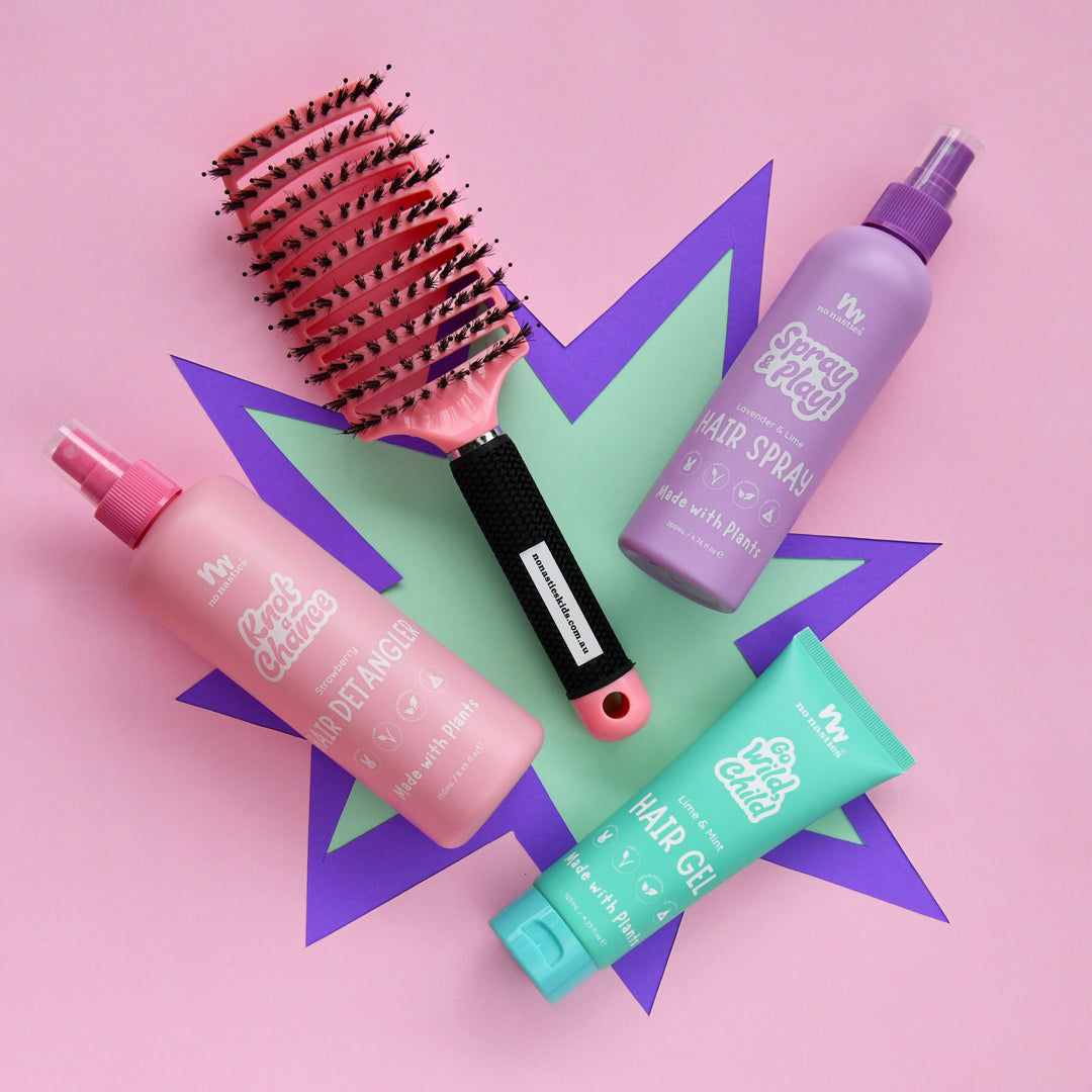 No Nasties Kids hair care bundle with pink detangler brush, strawberry detangling spray, lavender and lime hairspray, and lime and mint hair gel.
